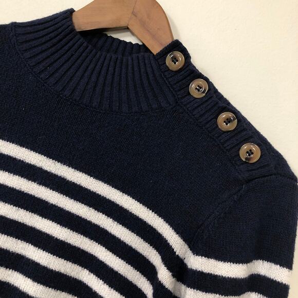Chaps Navy White Striped Button Shoulder Sweater Medium Nautical Coastal Preppy - Picture 5 of 10